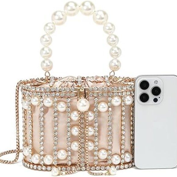 Neiman Marcus Rhinestone Cage Bag Sparkling Hollow Pearl Evening Clutch